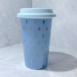 Indigo blue + gold diamond ceramic travel tumbler with silicone lid 14 oz NWOT